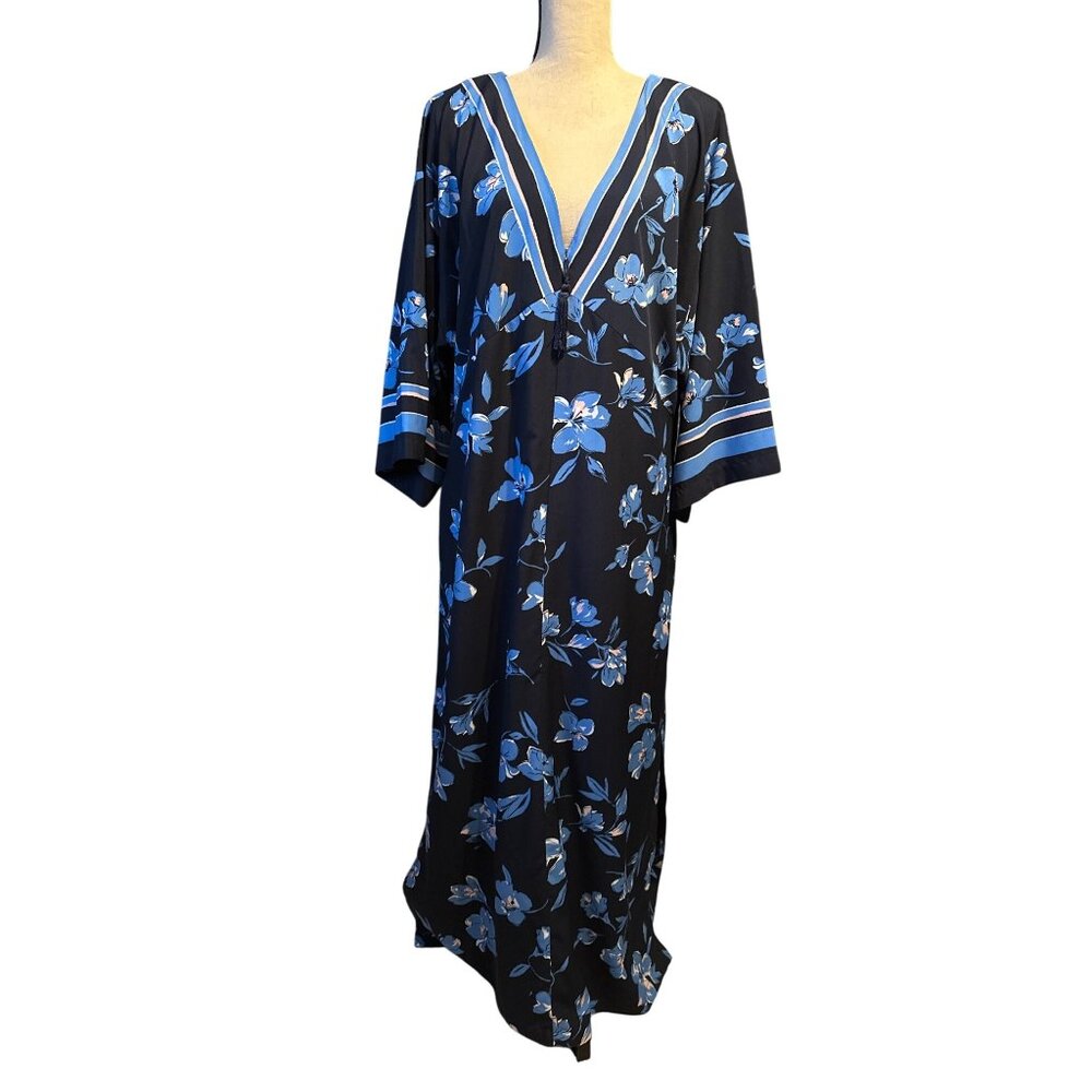 Oscar de la Renta Black and Blue Floral Maxi Dress